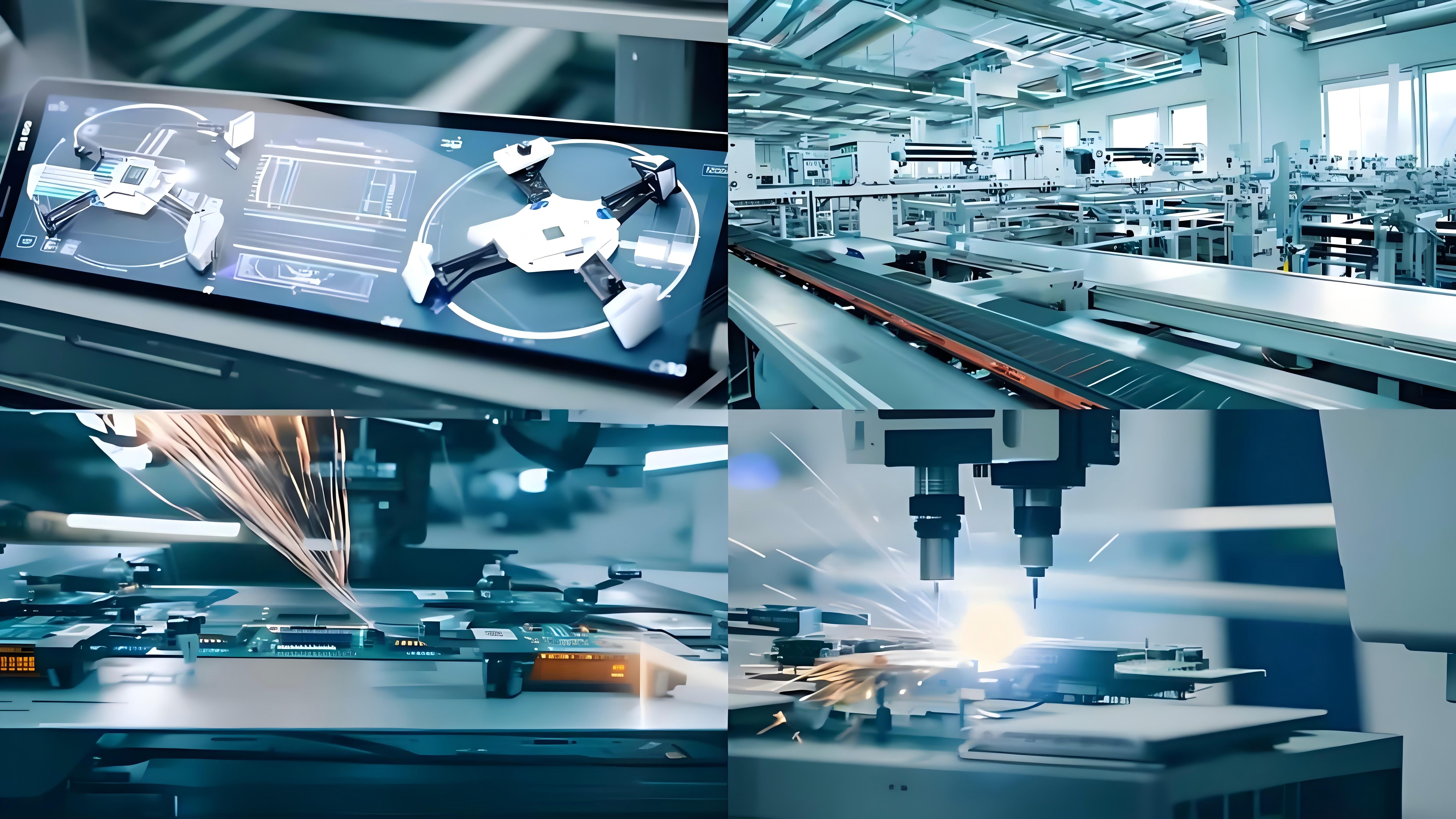 现代化实验室环境,技术人员操作精密仪器设备,桌上摆放各种无人机零部件,体现企业技术实力